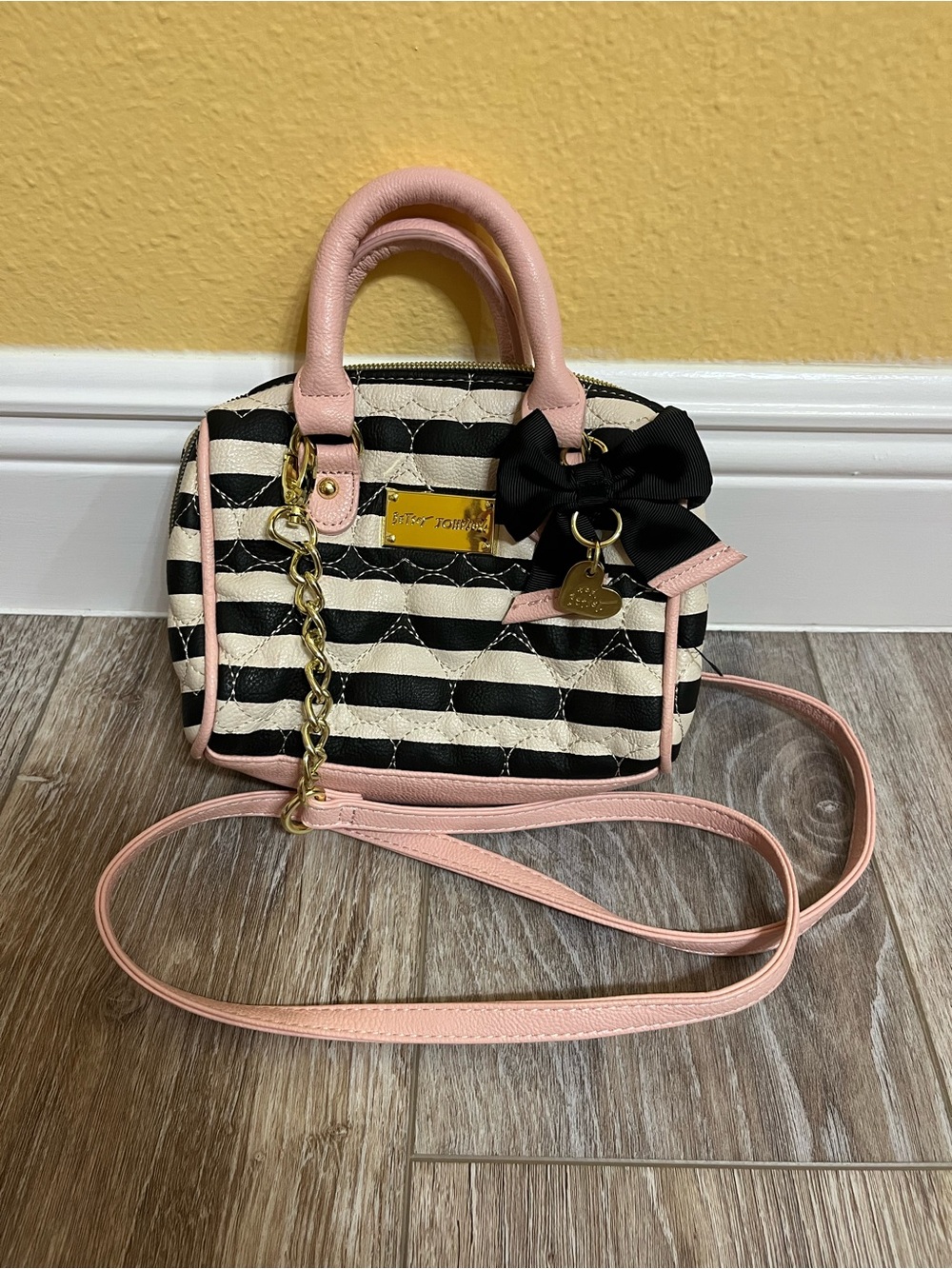 Betsey Johnson Black, Tan, & Pink Striped Mini Barrel Handbag